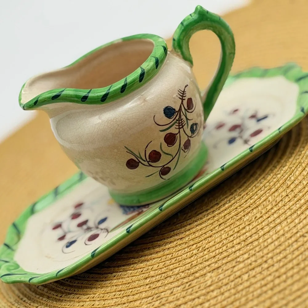 Vintage Quimper Style Hand Painted Ceramic Creamer and Tray Set Breton Folk Art